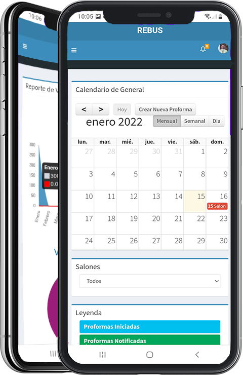 Calendario general de eventos de REBUS y pantalla de reportes