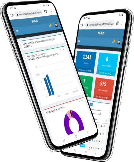 REBUS en dos dispositivos móviles, con vistas de informes y actividad